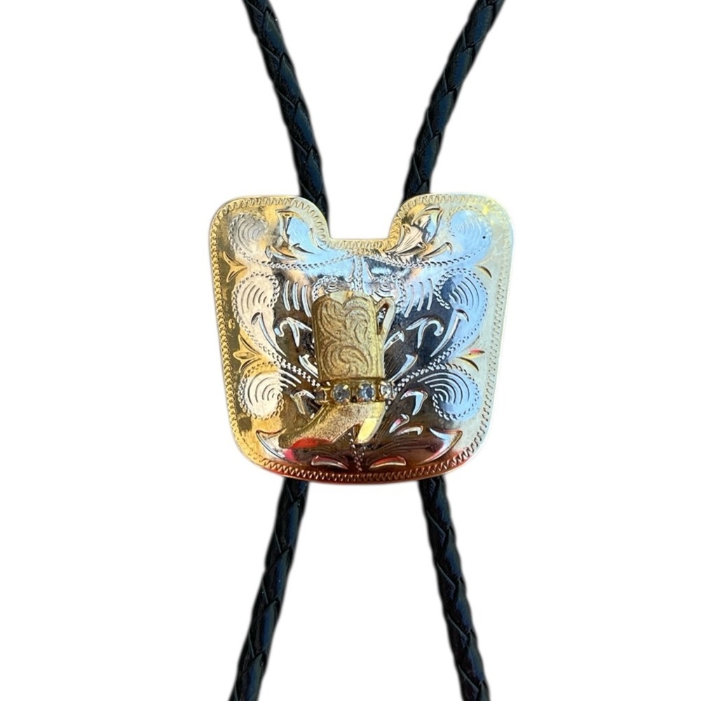 Vintage Western Bolo Tie Cowboy Boot Gold Silver Tone Engraved Black Cord 16”L